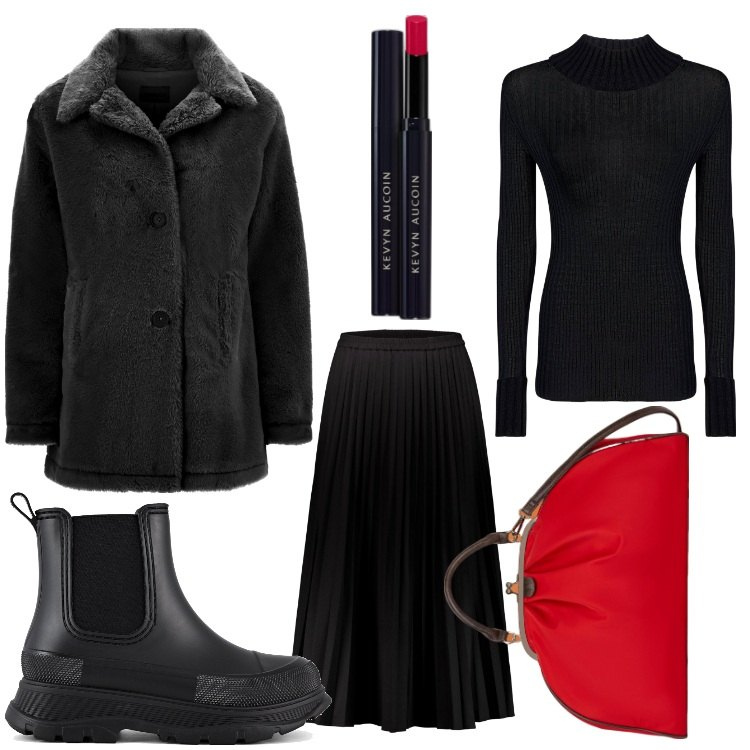 Outfit donna - Qualcosa di rosso. Stile Casual chic per Ufficio. Abbinamento con rossetti, cappotti, gonne lunghe, stivali, maglieria, borse a spalla.