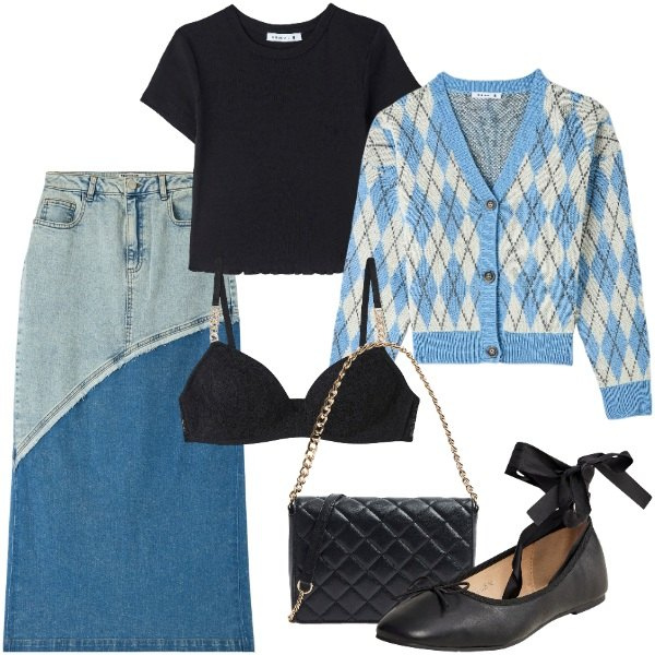 Outfit donna - Terranova - Black Friday. Stile Urban per Tutti i giorni. Abbinamento con gonne lunghe, cardigans, reggiseni, t-shirt, ballerine, borse a tracolla.