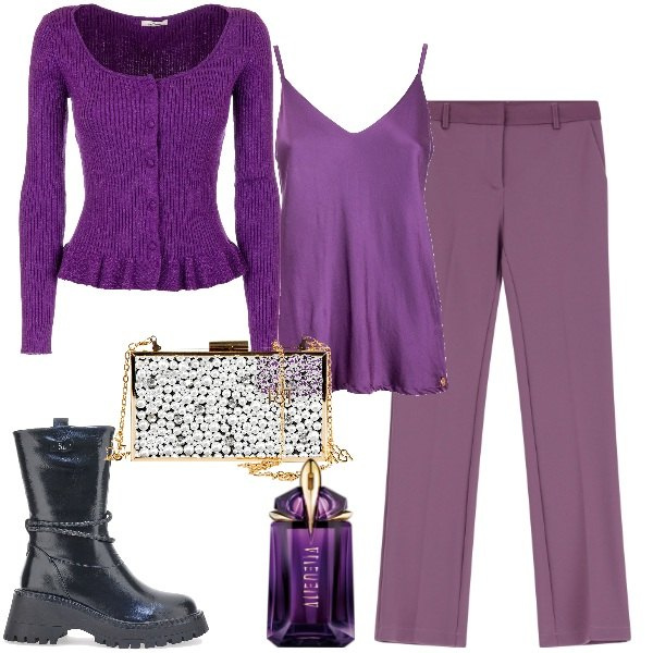 Outfit donna - Bantoa - Black Month. Stile Casual chic per Serata fuori. Abbinamento con profumi, pochette, cardigans, top, pantaloni, stivaletti.