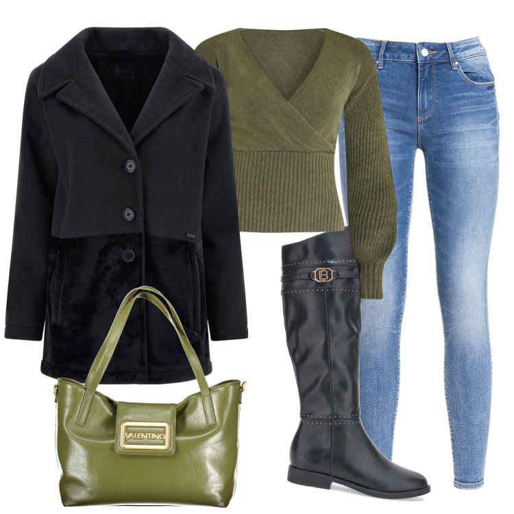 Outfit donna - Verde oliva e nero. Stile Casual per Tutti i giorni. Abbinamento con maglieria, jeans, cappotti, stivali sopra il ginocchio, borse a spalla.
