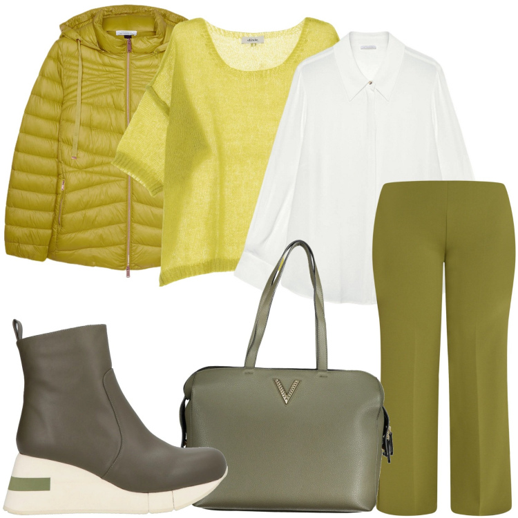 Outfit donna - Giornata fredda e di pioggia. Stile Casual chic per Tutti i giorni. Abbinamento con stivaletti, pullovers, pantaloni a palazzo, piumini, borse a spalla, camicie.