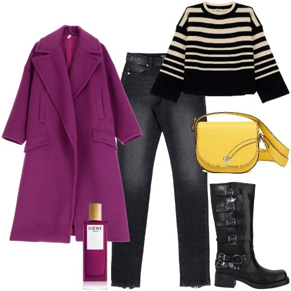 Outfit donna - Un cappotto per novembre. Stile Casual chic per Serata fuori. Abbinamento con profumi, cappotti, jeans, maglieria, stivali, borse a tracolla.