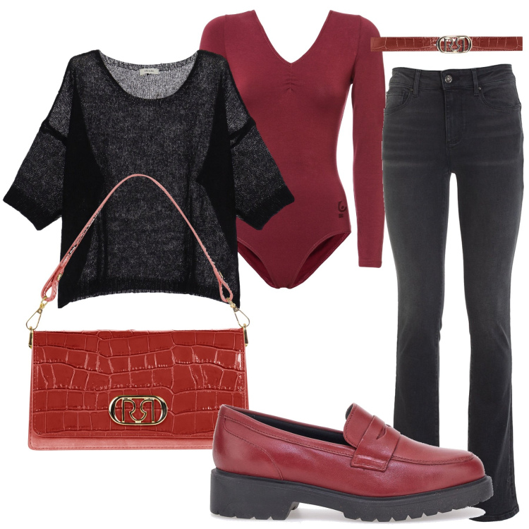 Outfit donna - Il mocassini rosso scuro. Stile Casual per Tutti i giorni. Abbinamento con pullovers, borse a tracolla, cinture, jeans bootcut, body, mocassini.