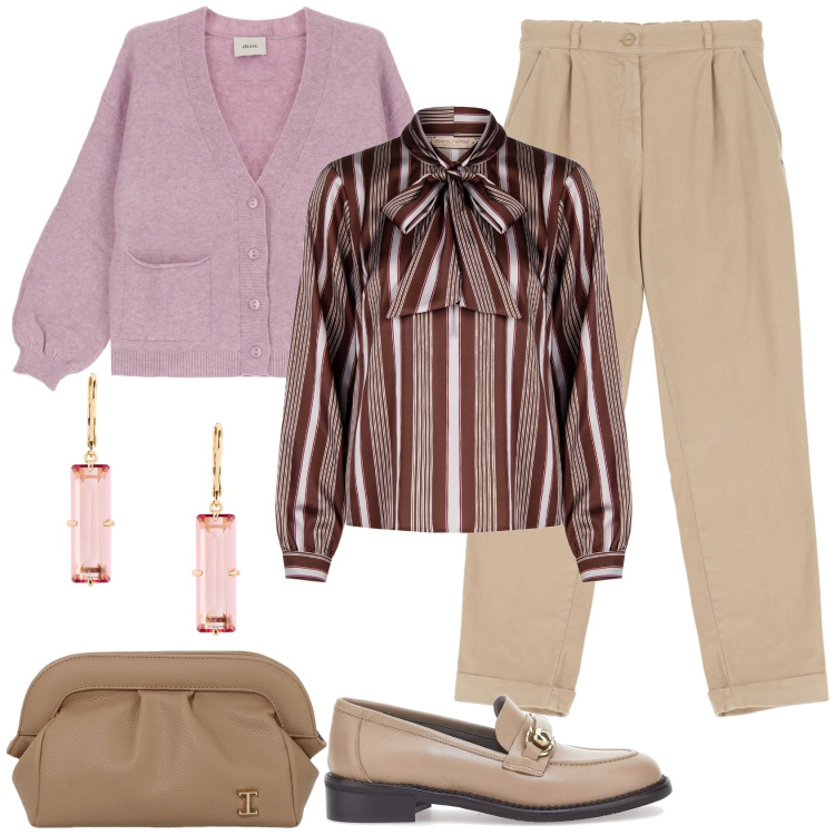 Outfit donna - Mocassini nelle tonalità del marrone!. Stile Casual chic per Ufficio. Abbinamento con pantaloni chino, bluse, borse a mano, cardigans, orecchini, mocassini.