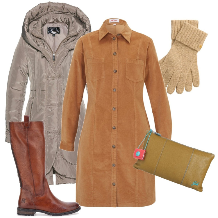 Outfit donna - L’abito in velluto. Stile Casual chic per Tutti i giorni. Abbinamento con vestiti, blazer, borse a mano, guanti, stivali sopra il ginocchio.
