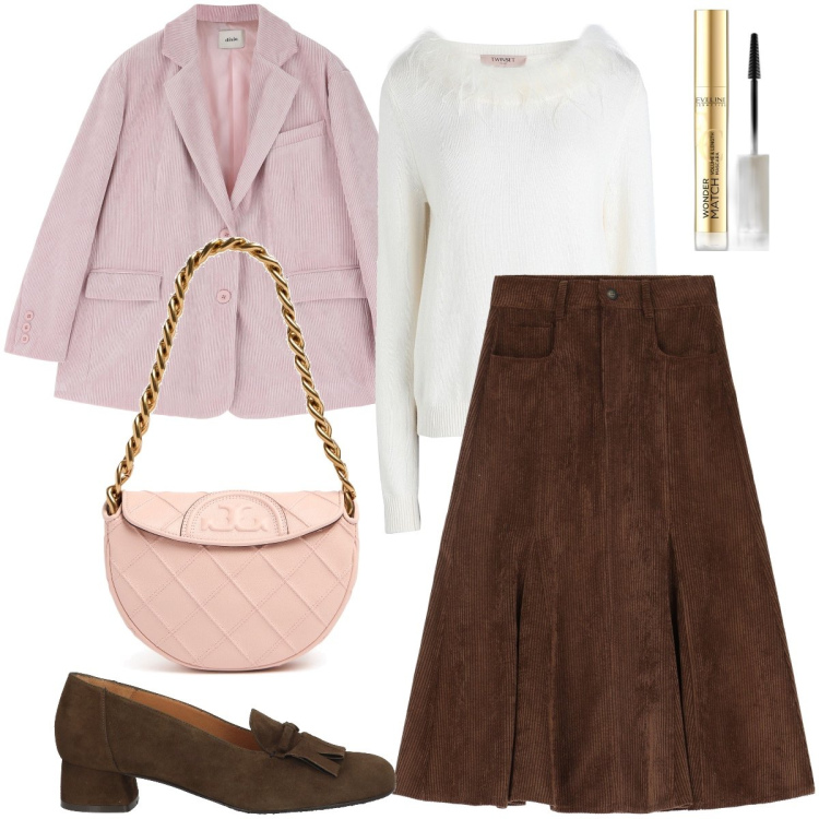 Outfit donna - Velluto protagonista. Stile Trendy per Ufficio. Abbinamento con pullovers, mocassini, mascara, gonne longuette, blazer, borse a spalla.