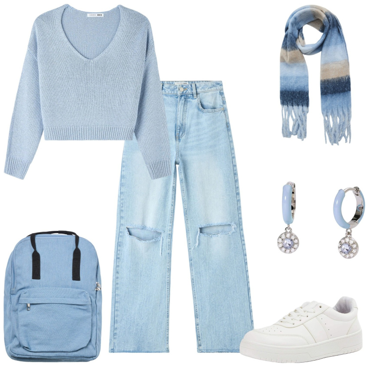 Outfit donna - Casual. Stile Casual per Scuola/Università. Abbinamento con jeans strappati, sneakers, maglieria, sciarpe, zaini, orecchini.