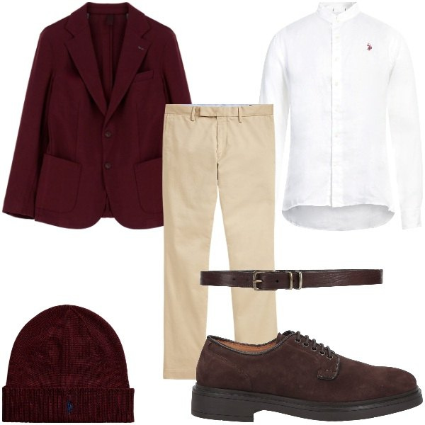 Outfit uomo - Borgogna per autunno. Abbinamento con scarpe stringate, camicie, cinture, giacche, berretti, pantaloni chino.