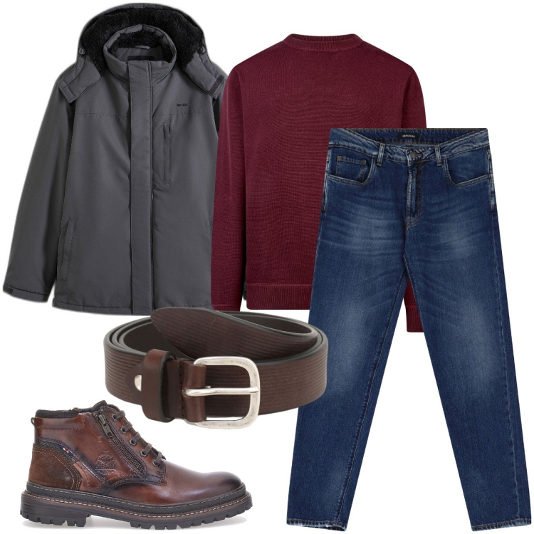 Outfit uomo - Borgogna a novembre. Stile Urban per Tutti i giorni. Abbinamento con giacche, cinture, jeans slim fit, maglieria, scarpe stringate.