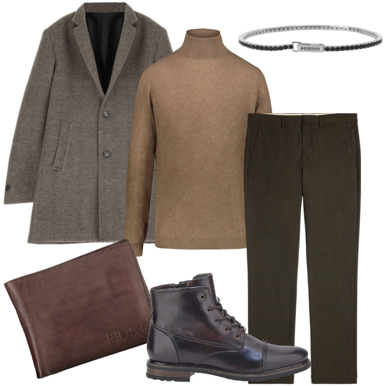 Outfit uomo - Elegante per la settimana. Stile Business/Elegante per Ufficio. Abbinamento con braccialetti, cappotti, pantaloni, maglieria, stivali e stivaletti, portafogli.