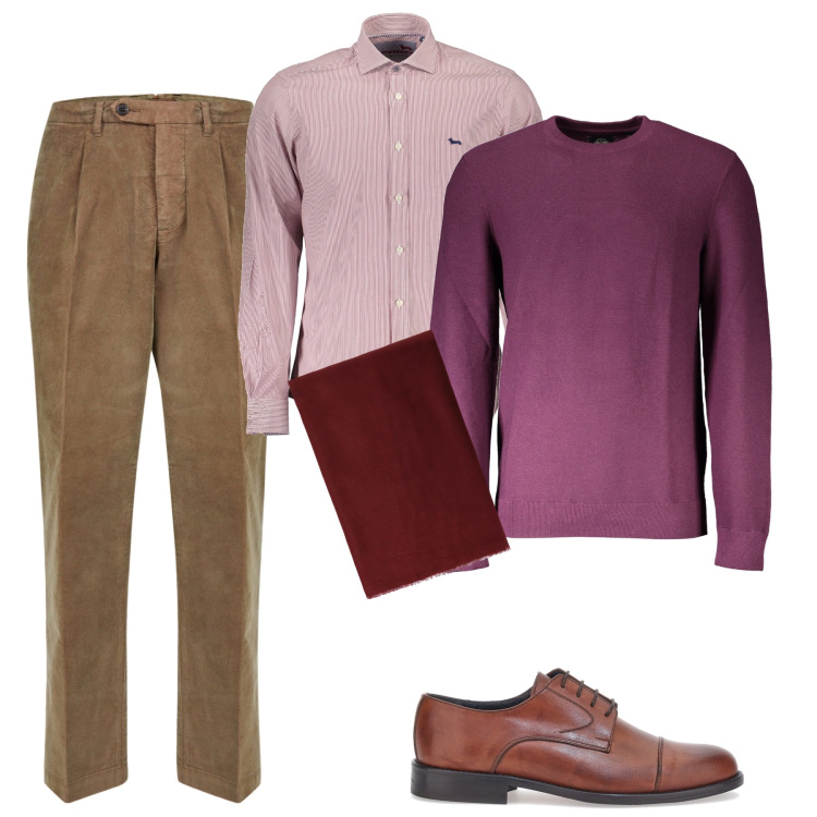 Outfit uomo - Borgogna per novembre. Stile Casual per Ufficio. Abbinamento con sciarpe, pantaloni, maglieria, camicie, scarpe stringate.