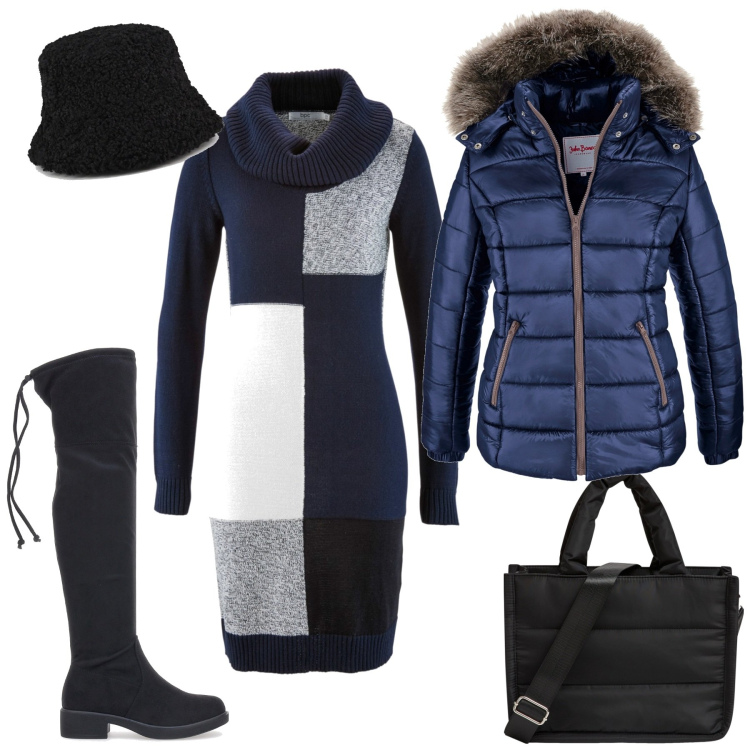 Outfit donna - Geometrie. Stile Casual per Tutti i giorni. Abbinamento con piumini, vestiti midi/longuette, shopping bag, stivali, cappelli.