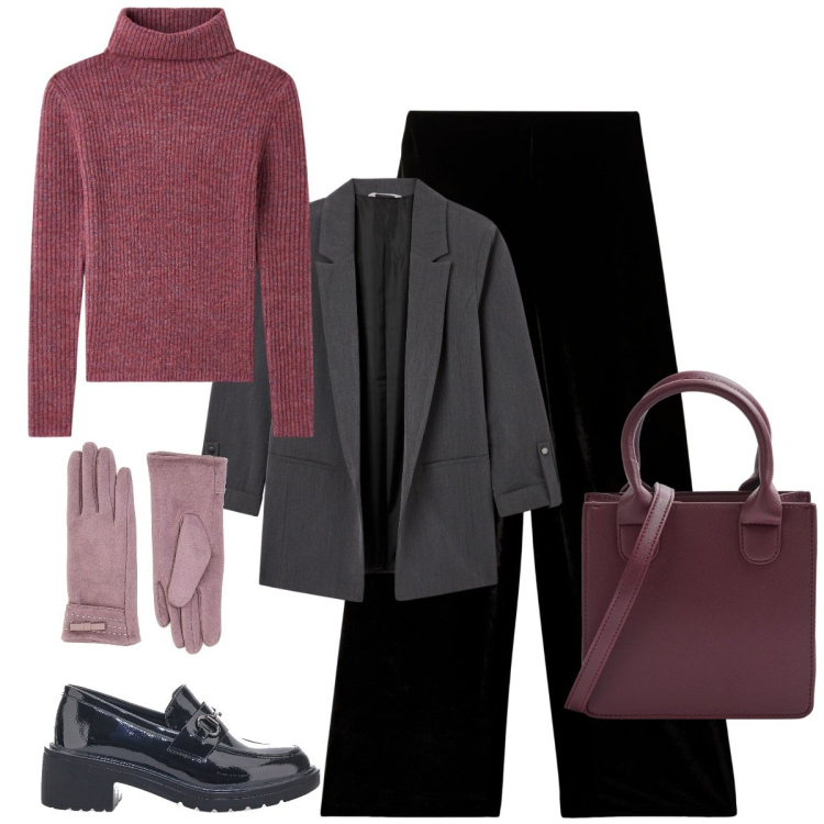 Outfit donna - I mocassini per la stagione. Stile Mannish per Ufficio. Abbinamento con maglieria, pantaloni, shopping bag, blazer, mocassini, guanti.