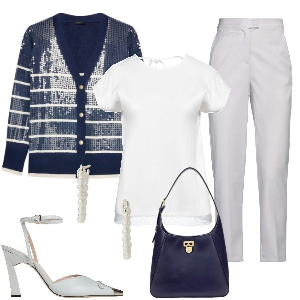 Outfit donna - Riunione Glamour. Stile Glamour per Ufficio. Abbinamento con pantaloni, top, décolleté, orecchini, borse a spalla, cardigans.