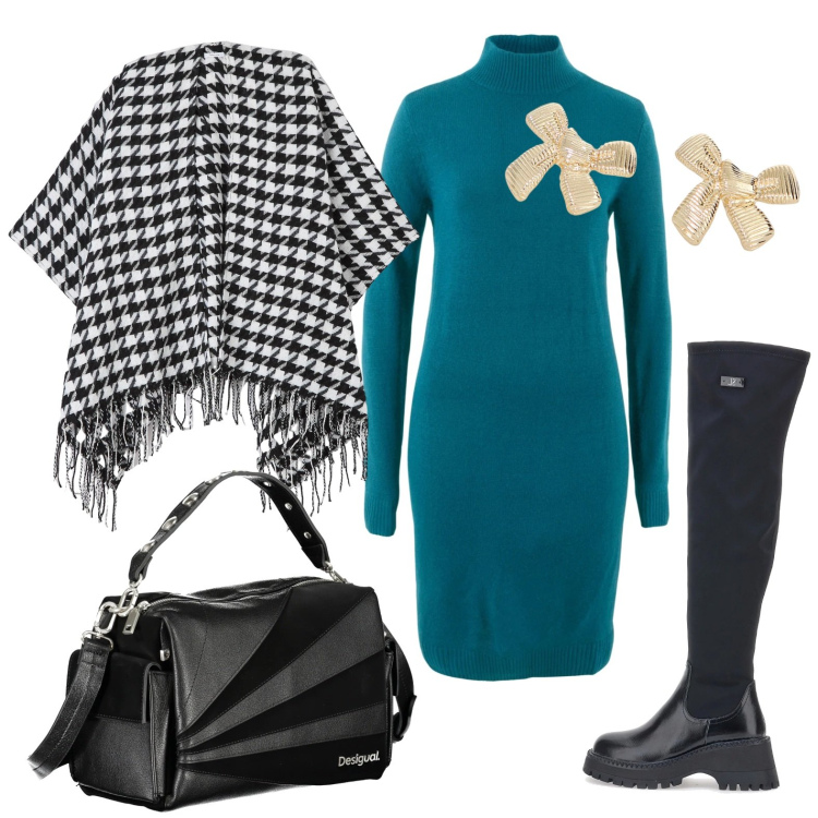 Outfit donna - La borsa di classe. Stile Glamour per Ufficio. Abbinamento con vestiti, cappe, orecchini, stivali, borse a spalla.