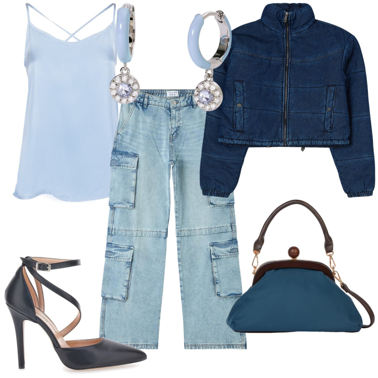 Outfit donna - Aperitivo in jeans. Stile Glamour per Serata fuori. Abbinamento con jeans, blazer, orecchini, top, décolleté, clutch.