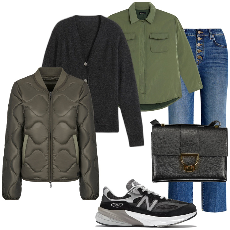 Outfit donna - A strati. Stile Trendy per Tutti i giorni. Abbinamento con cardigans, sneakers, camicie, jeans dritti, blazer, borse a tracolla.