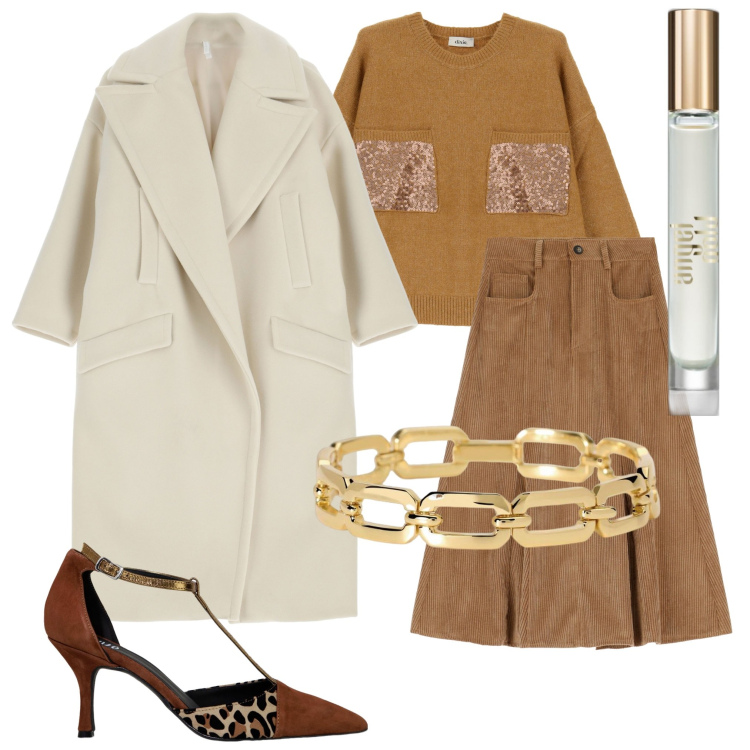 Outfit donna - Cappotto per novembre. Stile Casual chic per Ufficio. Abbinamento con profumi, braccialetti, cappotti, gonne longuette, décolleté, pullovers.
