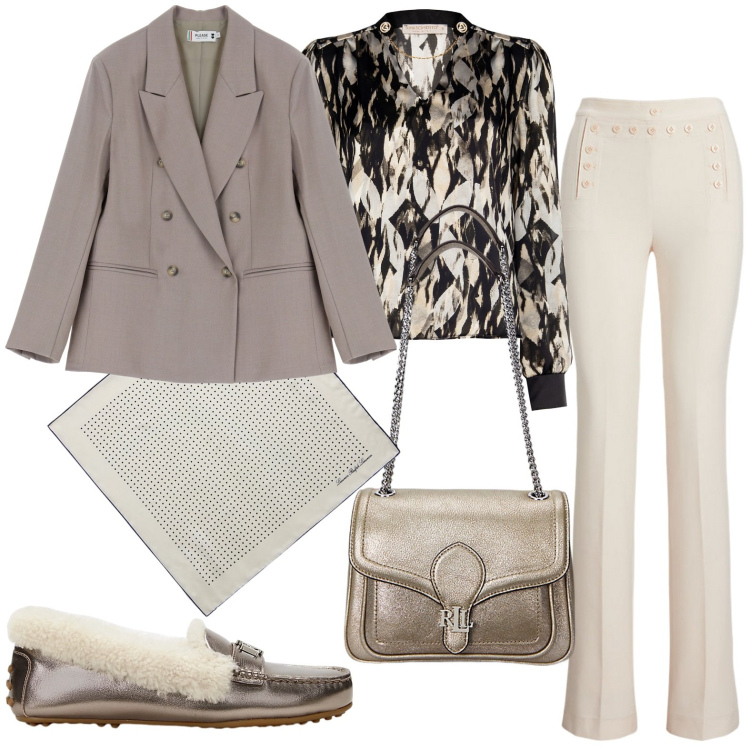 Outfit donna - Total look #2000180. Stile Casual per Tutti i giorni. Abbinamento con bluse, blazer, foulard, pantaloni, mocassini, borse a spalla.