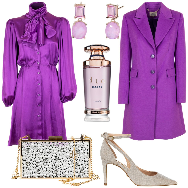 Outfit donna - Total look #2000184. Stile Bon Ton per Cerimonia. Abbinamento con profumi, orecchini, décolleté, pochette, cappotti, vestiti chemisier.