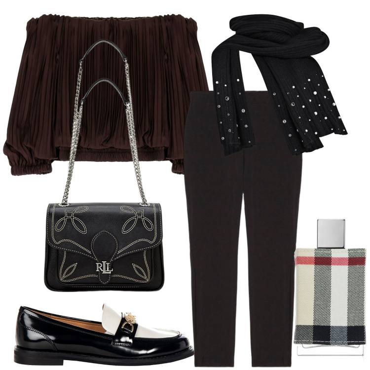 Outfit donna - Total look #2000186. Stile Casual per Tutti i giorni. Abbinamento con profumi, mocassini, sciarpe, top, borse a spalla, jeggings.