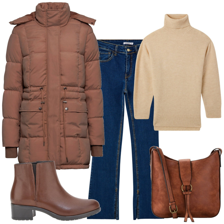 Outfit donna - Total look #2000187. Stile Basic per Tutti i giorni. Abbinamento con borse a tracolla, piumini, jeans dritti, maglieria, stivaletti.