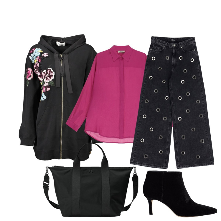 Outfit donna - Layerling nero e fuxia. Stile Sporty chic per Tutti i giorni. Abbinamento con borse tote, stivaletti, jeans, camicie, felpe con cappuccio.