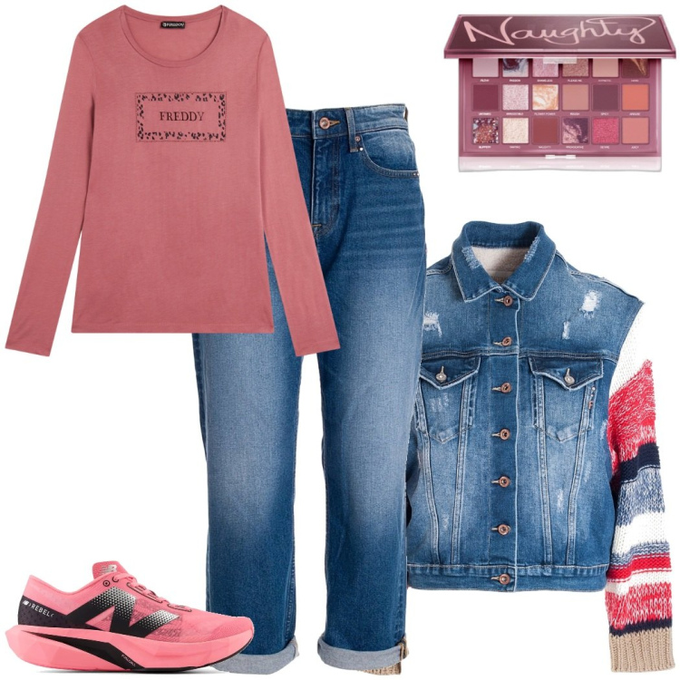 Outfit donna - Giacca in denim. Stile Trendy per Tutti i giorni. Abbinamento con ombretti, sneakers, giacche, jeans boyfriend, t-shirt.