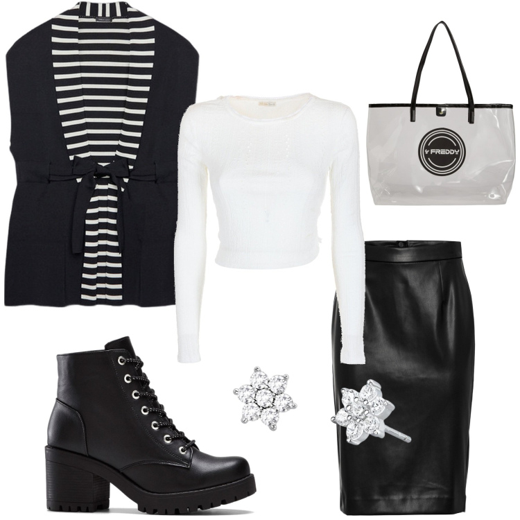 Outfit donna - Total look #2000215. Stile Glamour per Tutti i giorni. Abbinamento con stivaletti, gonne longuette, orecchini, top, shopping bag, gilet.