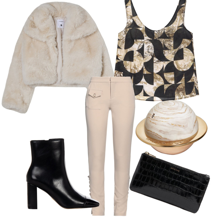 Outfit donna - Serata. Stile Glamour per Serata fuori. Abbinamento con pantaloni, profumi, blazer, stivaletti, top, clutch.