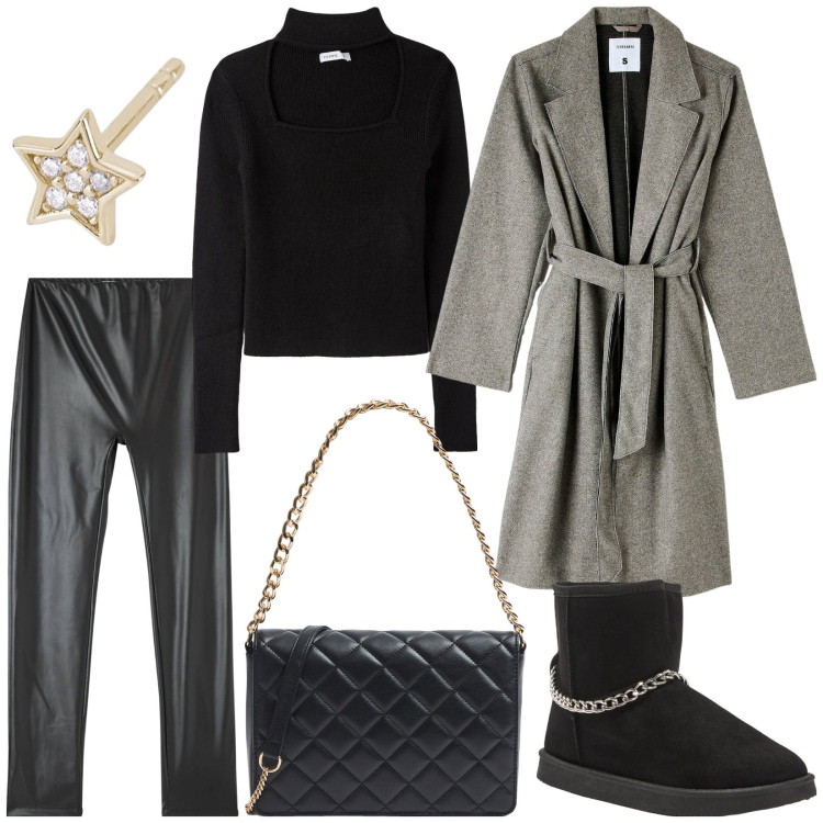 Outfit donna - Total look #2000221. Stile Urban per Tutti i giorni. Abbinamento con treggings, stivaletti, cappotti, maglieria, borse a tracolla, orecchini.