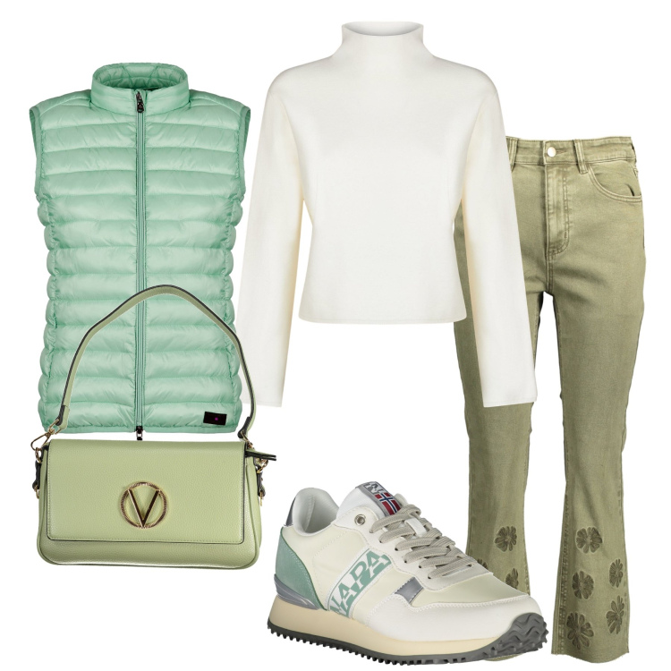 Outfit donna - Tonalita’ di verde. Stile Casual per Tutti i giorni. Abbinamento con piumini, sneakers, jeans, cardigans, borse a spalla.