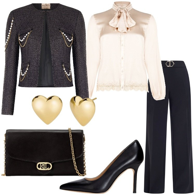 Outfit donna - Rinascimento - Black Friday. Stile Chic per Cerimonia. Abbinamento con orecchini, blazer, pantaloni, camicie, borse a tracolla, décolleté.