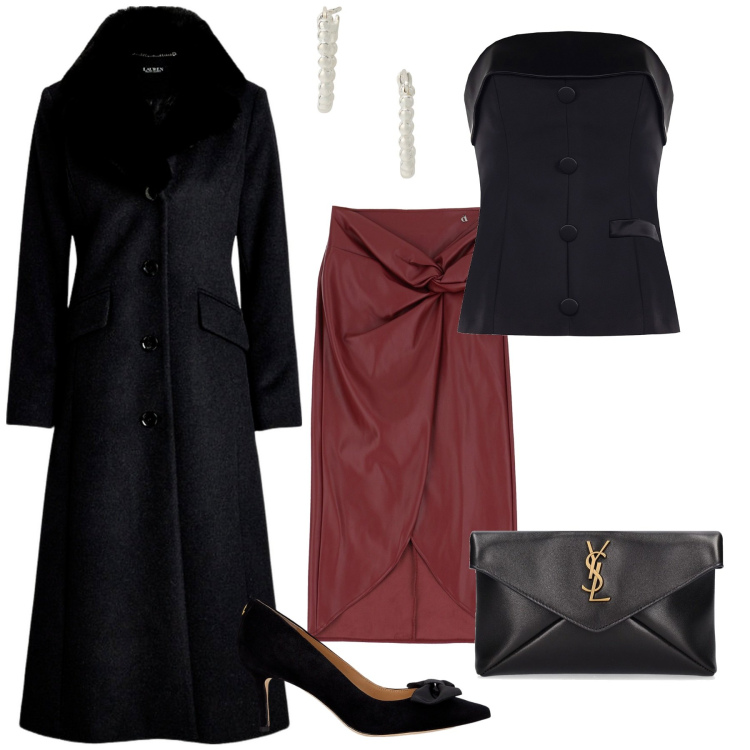 Outfit donna - Festività in arrivo!!!. Stile Chic per Serata fuori. Abbinamento con top, orecchini, cappotti, décolleté, gonne, pochette.