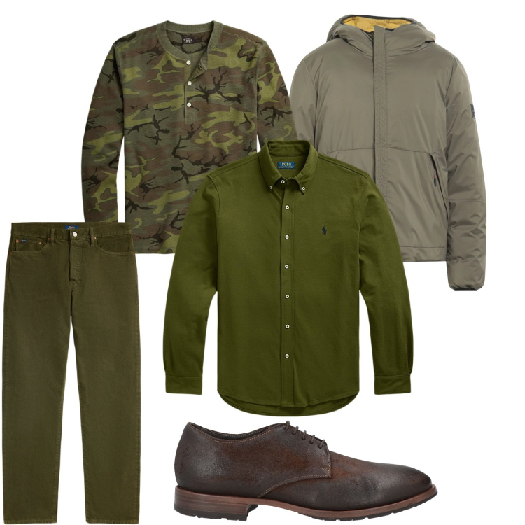 Outfit uomo - Maglietta camouflage. Stile Urban per Tutti i giorni. Abbinamento con scarpe stringate, giacche, camicie, t-shirt, jeans dritti.