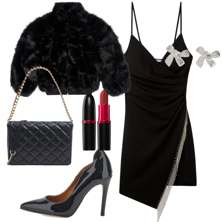 Outfit donna - Serata. Stile Glamour per Serata fuori. Abbinamento con rossetti, vestiti corti, ecopellicce, borse a tracolla, orecchini, décolleté.