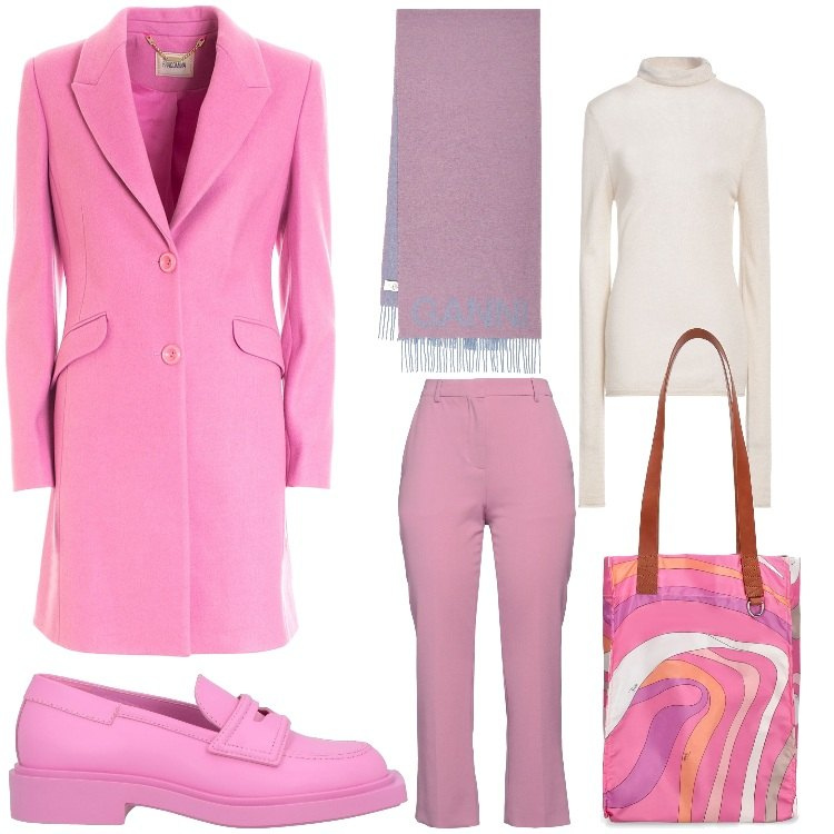 Outfit donna - Rosa rosae. Stile Casual chic per Tutti i giorni. Abbinamento con mocassini, pantaloni, maglieria, cappotti, shopping bag, sciarpe.