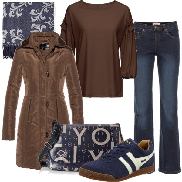 Outfit donna - Marrone e denim. Stile Basic per Tutti i giorni. Abbinamento con jeans dritti, cappotto, maglia marrone, scarpe da ginnastica blu, borsa a tracolla blu scuro, sciarpa taglia unica navy.