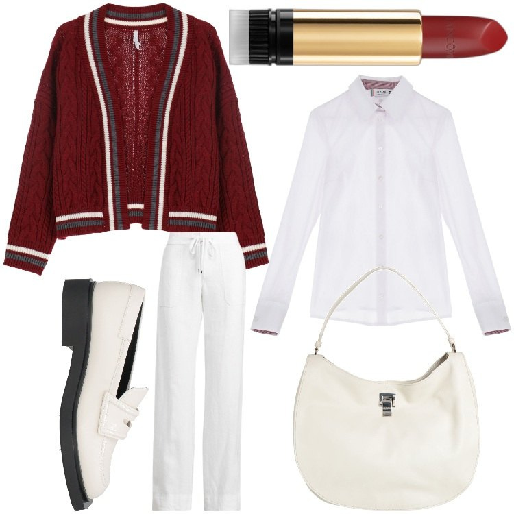Outfit donna - Cardigan e mocassini. Stile Casual per Tutti i giorni. Abbinamento con borse a mano, mocassini, cardigans, rossetti, camicie, pantaloni.
