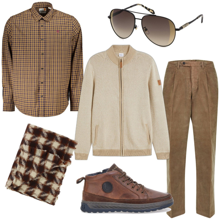 Outfit uomo - Tonalità di marrone. Stile Trendy per Ufficio. Abbinamento con cardigans, sciarpe, scarpe stringate, pantaloni, camicie, occhiali da sole.