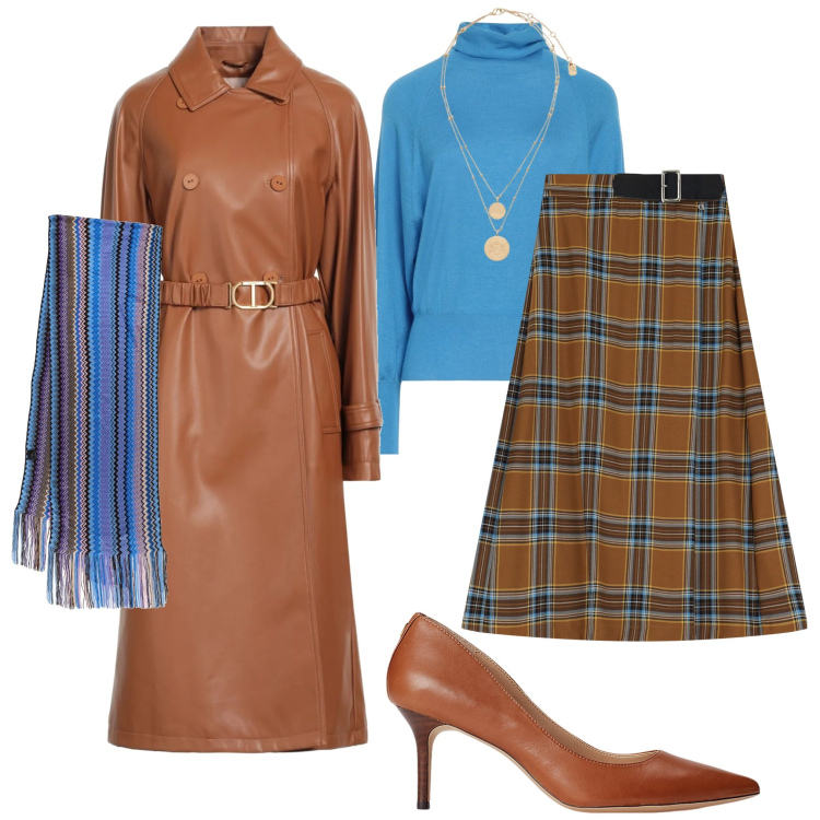 Outfit donna - Soprabito in ecopelle. Stile Casual chic per Tutti i giorni. Abbinamento con trench, maglieria, gonne lunghe, ciondoli, décolleté, sciarpe.