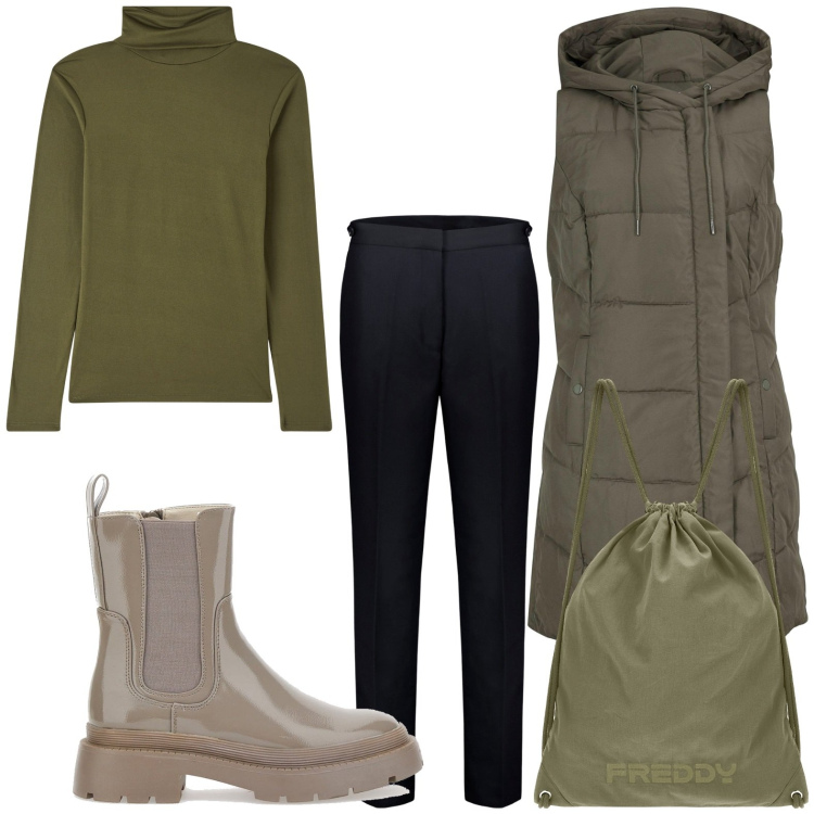 Outfit donna - Green mania. Stile Basic per Serata fuori. Abbinamento con gilet, maglieria, zaini, anfibi, pantaloni.
