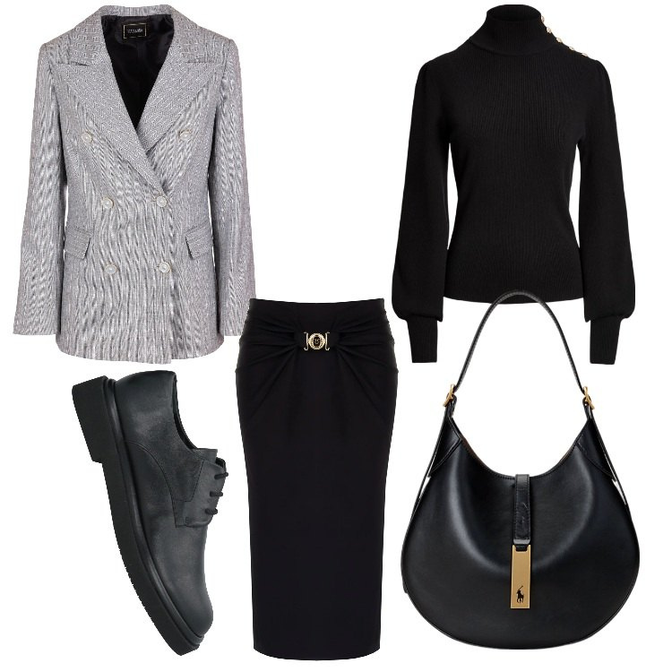 Outfit donna - Giacca e stringate. Stile Casual chic per Ufficio. Abbinamento con scarpe stringate, gonne longuette, blazer, maglieria, borse a spalla.