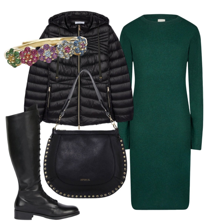 Outfit donna - Arriva il freddo. Stile Minimal per Ufficio. Abbinamento con anelli, borse a spalla, vestiti midi/longuette, stivali, piumini.