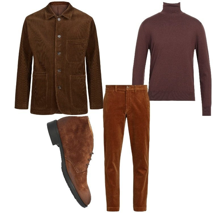 Outfit uomo - Velluto e marrone. Stile Casual per Tutti i giorni. Abbinamento con maglieria, stivali e stivaletti, pantaloni, giacche.