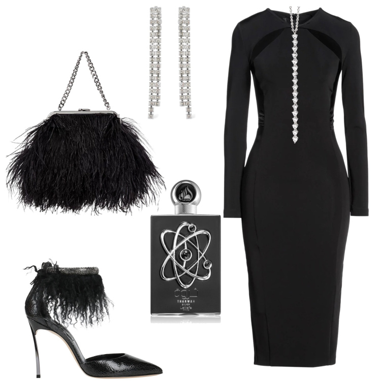 Outfit donna - Serata evento. Stile Chic per Serata fuori. Abbinamento con vestiti midi/longuette, décolleté, profumi, ciondoli, clutch, orecchini.