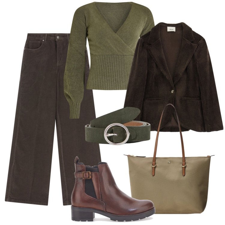 Outfit donna - Saldi in vista, lista 5: velluto !. Stile Urban per Tutti i giorni. Abbinamento con maglieria, blazer, cinture, pantaloni, borse tote, stivaletti.