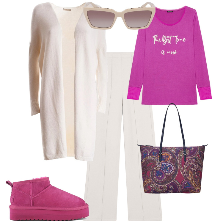 Outfit donna - Total look #2000294. Stile Casual per Tutti i giorni. Abbinamento con cardigans, pantaloni, borse tote, stivaletti, t-shirt, occhiali da sole.