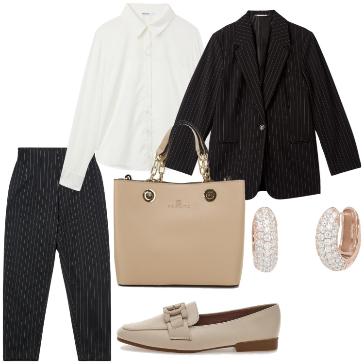 Outfit donna - Completo gessato e mocassini. Stile Chic per Ufficio. Abbinamento con blazer, pantaloni chino, camicie, orecchini, mocassini, borse a spalla.