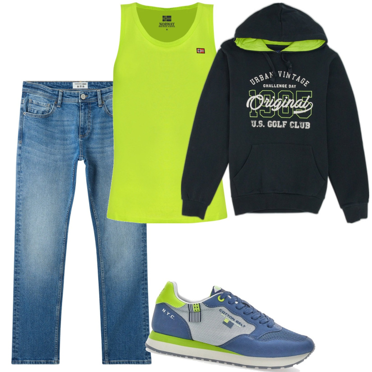 Outfit uomo - Something fluo. Stile Casual per Tutti i giorni. Abbinamento con jeans, felpe con cappuccio, sneakers, canottiere.